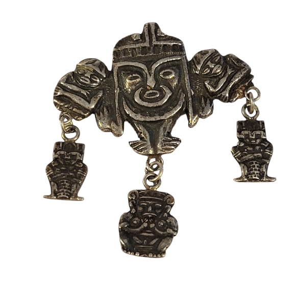 Aztec Inca Style Vintage Sterling Silver Tiki Man Brooch Marked 0900 - Picture 2 of 5